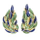 Floral enamel clip ear studs GG/WG 750/000 in naturalistic foliage shape with blue and green enamel,