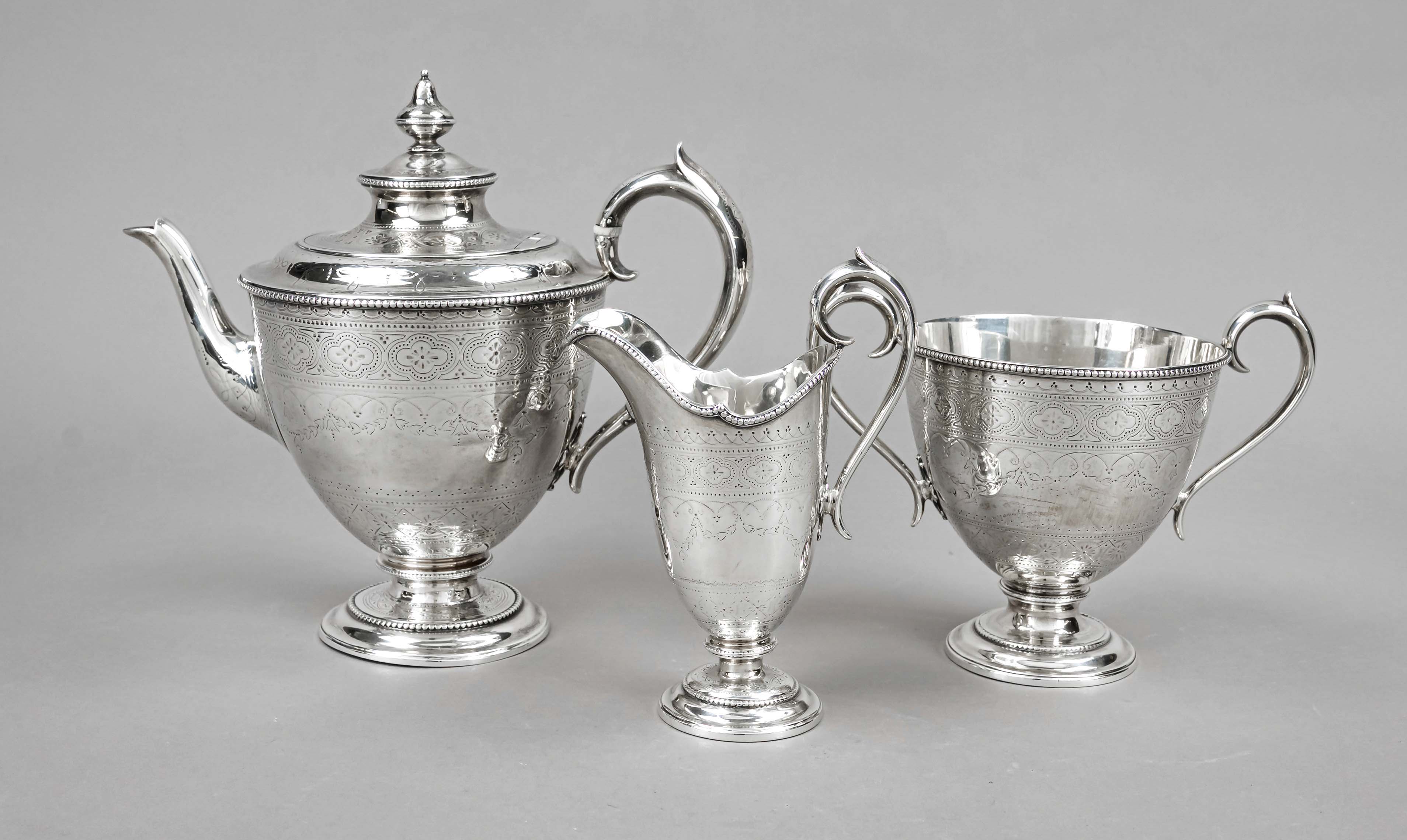 A three-piece tea pot, England, 1865, maker's mark Edward & John Barnard, London, sterling silver