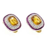 Citrine ruby clip ear studs WG/GG 750/000 with 2 fine antique-cut faceted Madeira citrines 9.9 x 7.9