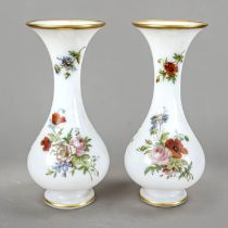 Pair of milk glass vases, 1st half 20th century, round base, bulbous body, slender neck with