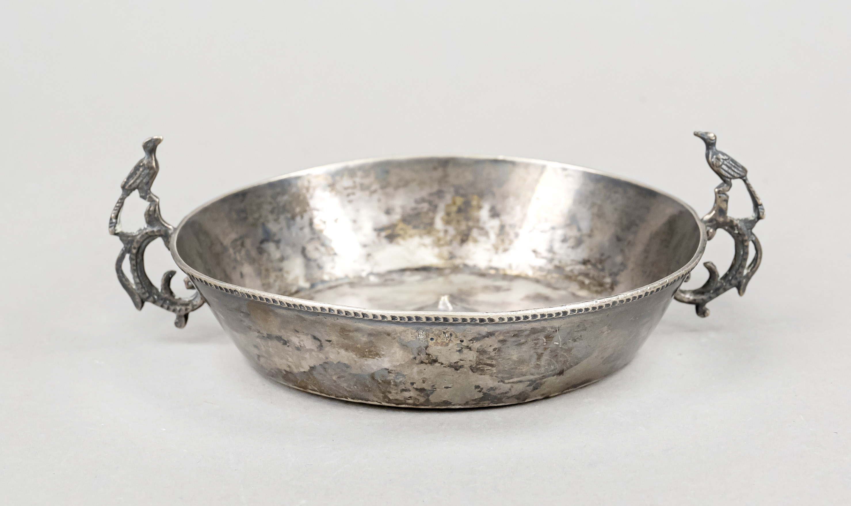 A round wine tasting bowl, circa 1900, silver tested, marked B. M., round base, conical wall,