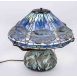 Tiffany-style lamp, 20th century, polychrome lead glazing and mosaic with dragonflies. 3-light,