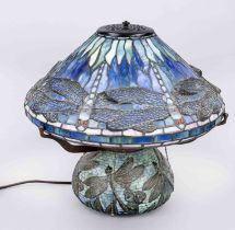 Tiffany-style lamp, 20th century, polychrome lead glazing and mosaic with dragonflies. 3-light,