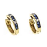 Diamond hoop earrings GG 750/000 with faceted blue gemstone squares and diamonds, d. 15 mm, 3.9 g