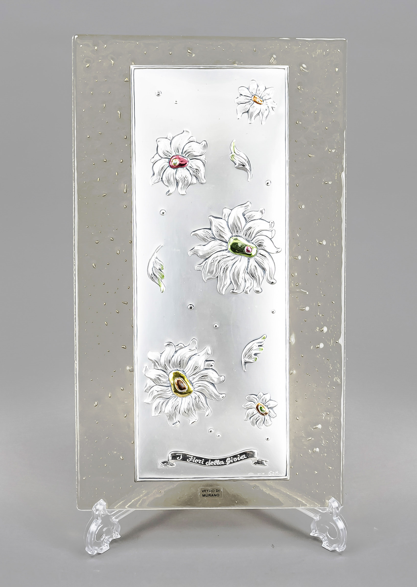 Relief, Italy, 2nd half 20th century, Murano, rectangular glass plate with applied relief, plated