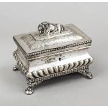 Rectangular sugar bowl, 19th century, silver tested, on 4 paw feet, curved body, domed and hinged