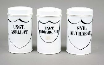 3 Apothecary's standing vessels, late 19th century, cylindrical lidded vessels with inscription,