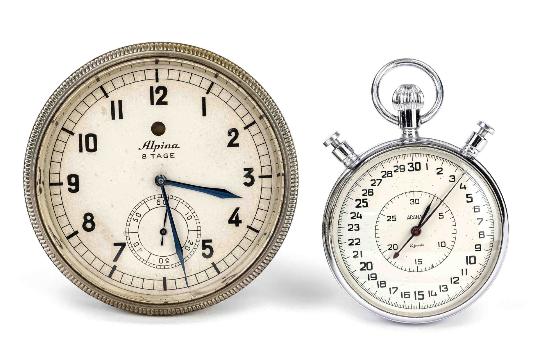2 clocks, a car or ship's clock Alpina 8-day movement, winding and hand setting via the bezel,