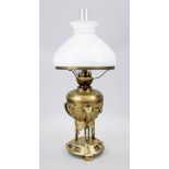 Kerosene lamp, late 19th century, brass, openwork, fitted shade of frosted glass, h 53 cm