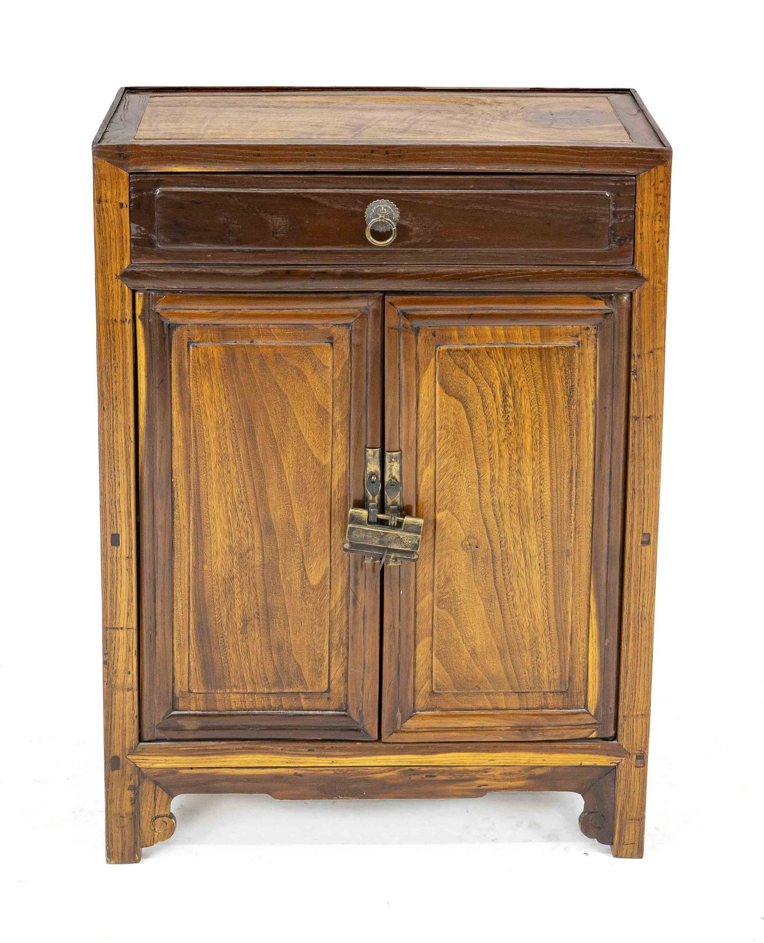 Asian half cupboard, 20th century, solid wood typical of the country, two doors with drawer, padlock