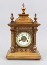 Walnut table clock, Wilhelminian style, c. 1880, architecturally constructed with turned dolls,