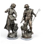 signed Fillou, French sculptor late 19th century, shepherd couple, gray-brown patinated metal cast