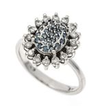 Flower ring WG 585/000 with 29 brilliant-cut diamonds, total 0.15 ct fancy blue and 16 brilliant-cut