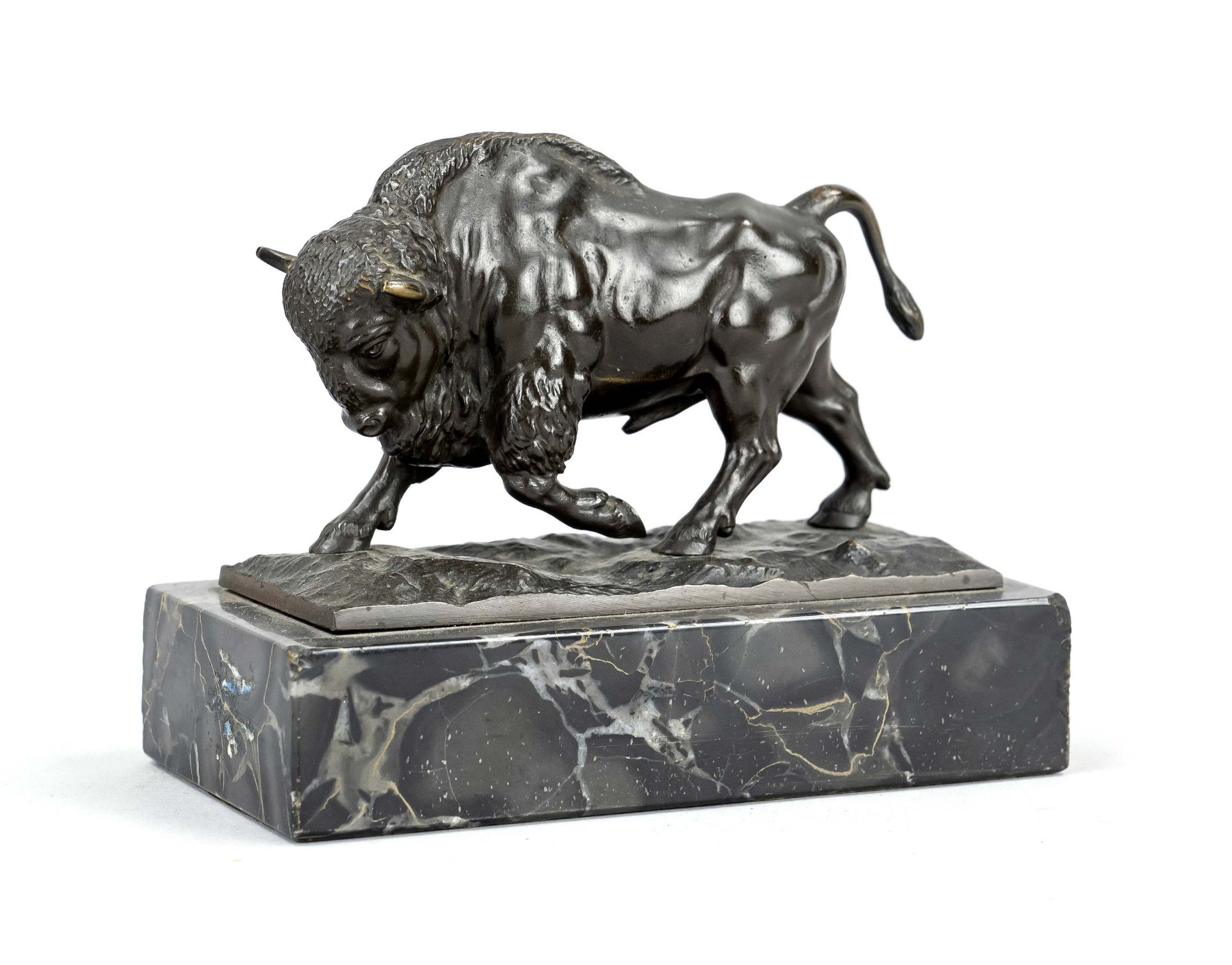 anonymous sculptor c. 1900, striding bison, brown patinated bronze on marble plinth (minimally