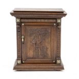 Hanging cupboard, c. 1880, walnut, 1-door body, panel with carving, depiction of a couple under a