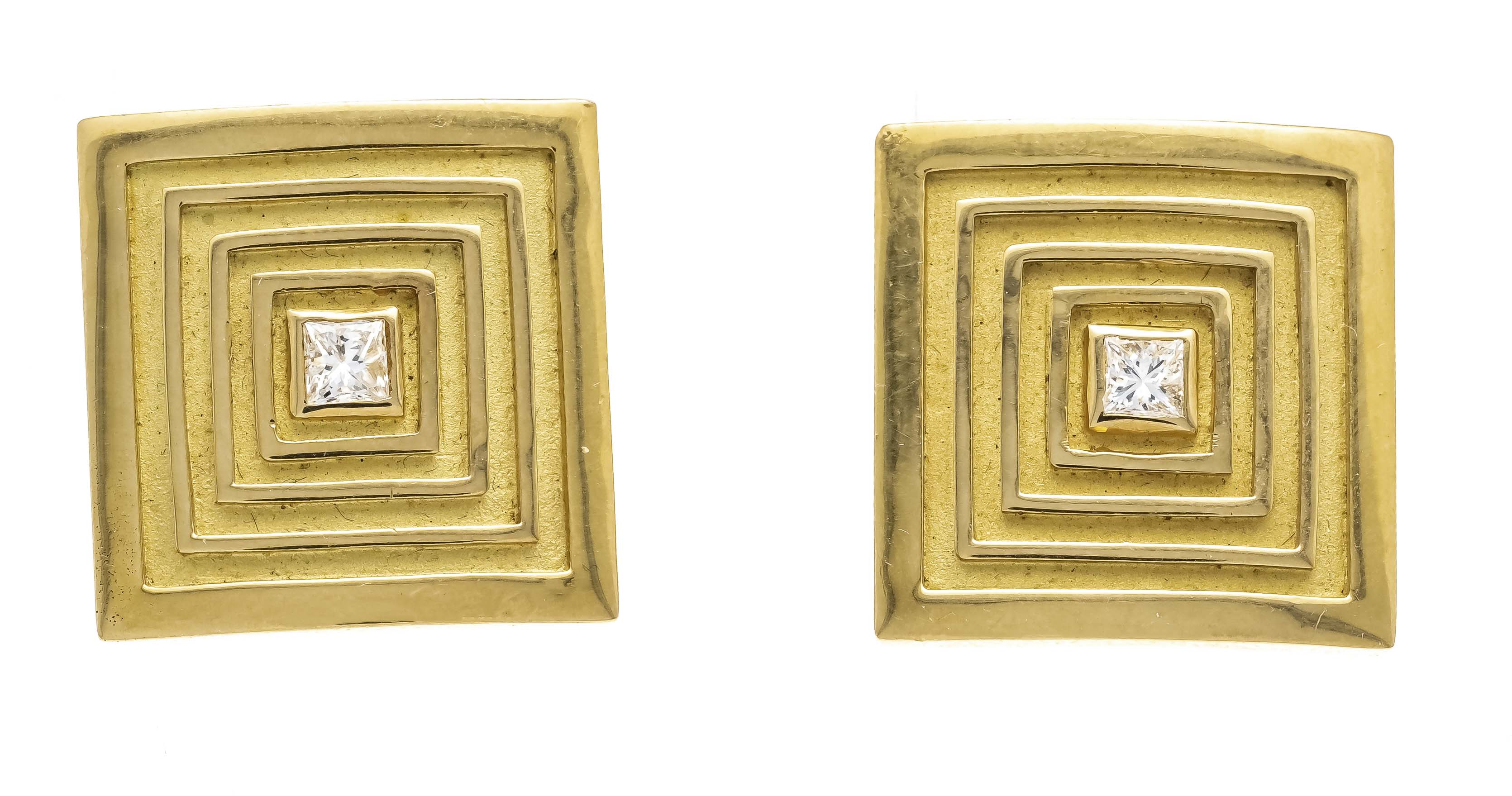 Square shield clip ear studs GG 750/000 partially matted, with 2 princess diamonds, total 0.32 ct