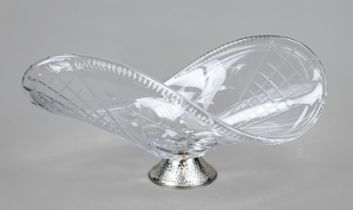 Large Art Deco bowl, c. 1930, on a round white metal base, oval, curved bowl, clear glass with cut