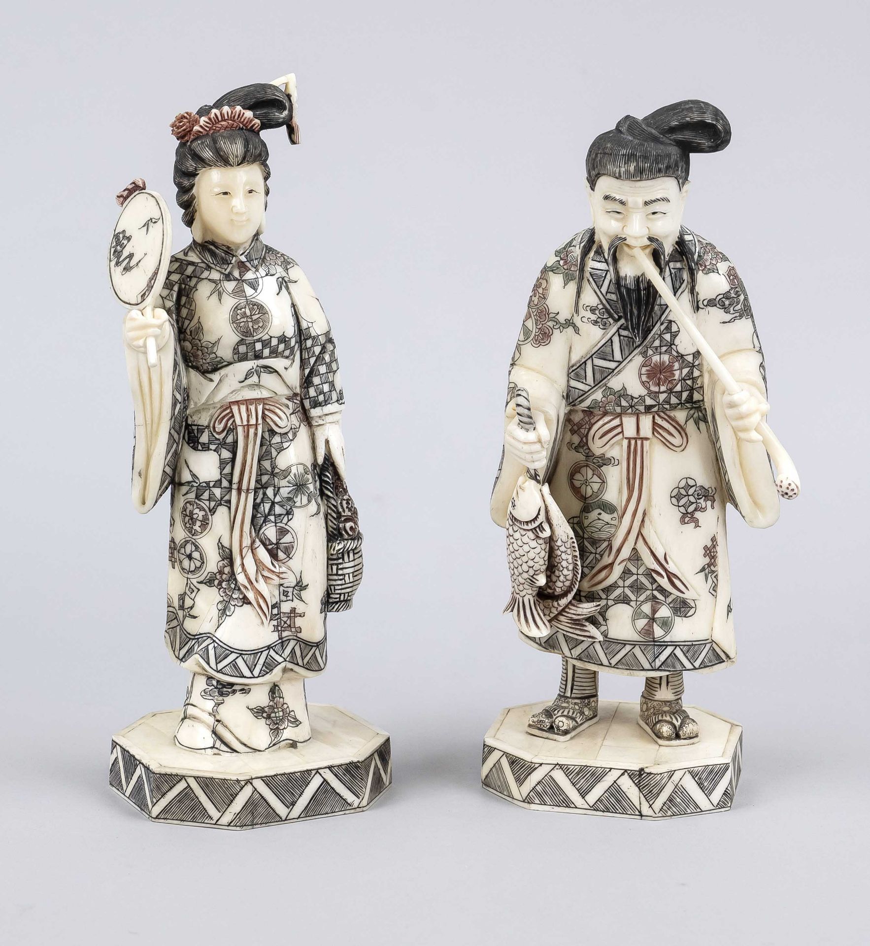 Pair of leg figures, Japan c. 1900 (Meiji). 1 x fisherman with pipe, 1 x lady with fan and flower