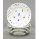 Six small breakthrough plates, Meissen, 1970s mark, 2nd choice, polychrome painted, decorated with