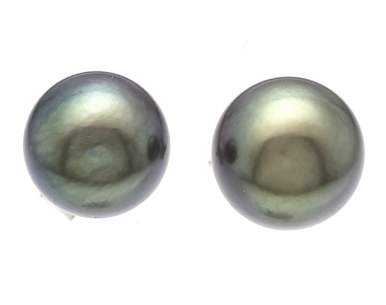 Tahitian pearl ear studs WG 590/000 with 2 Tahitian pearls 7.3 mm, gray with brownish-green