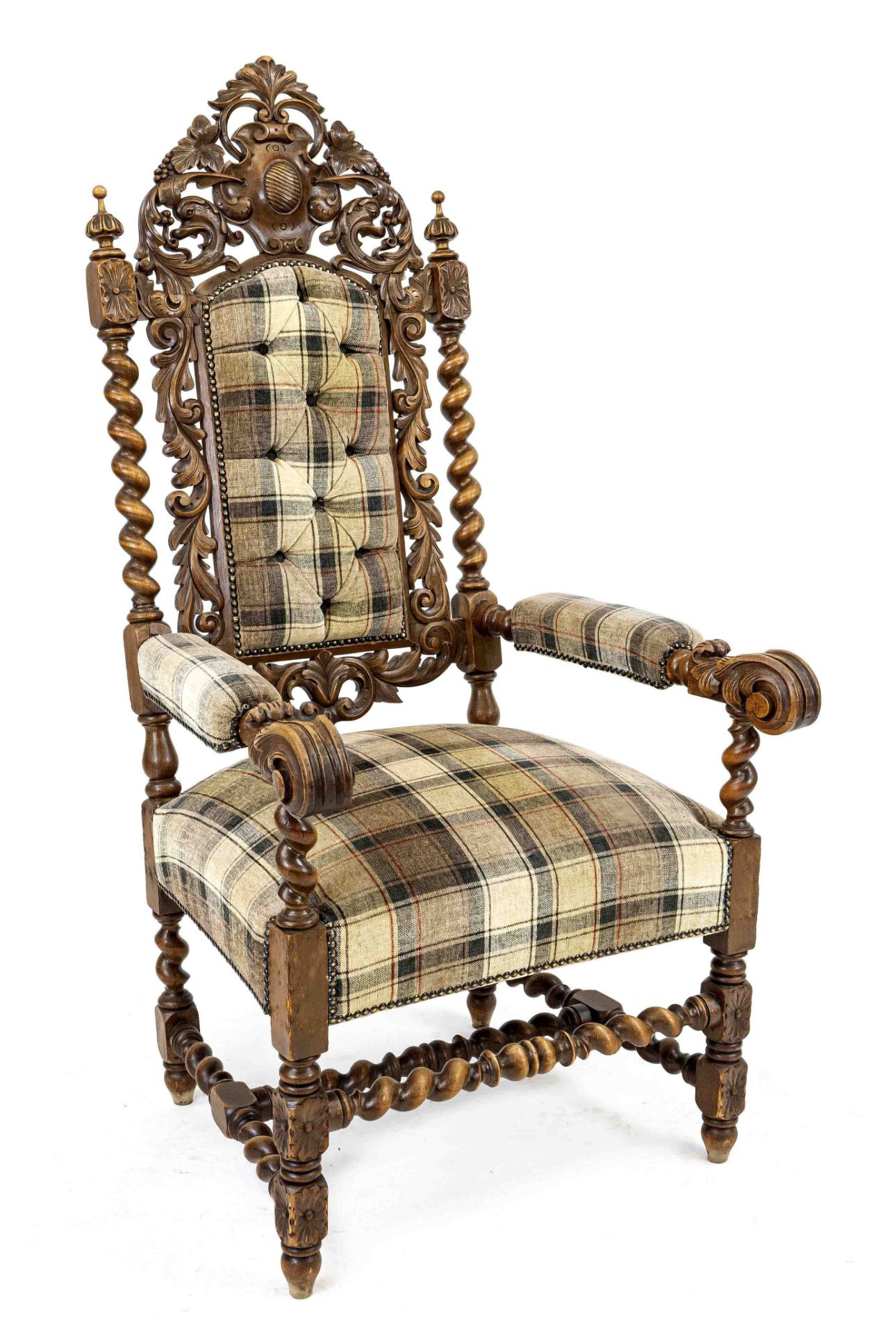 Stately armchair from around 1880, beech wood stained walnut, carvings typical of the period, 135