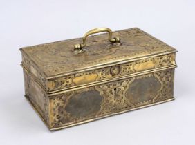 Travel writing case, oriental, 19th century, brass. Rectangular body with hinged lid and handle.