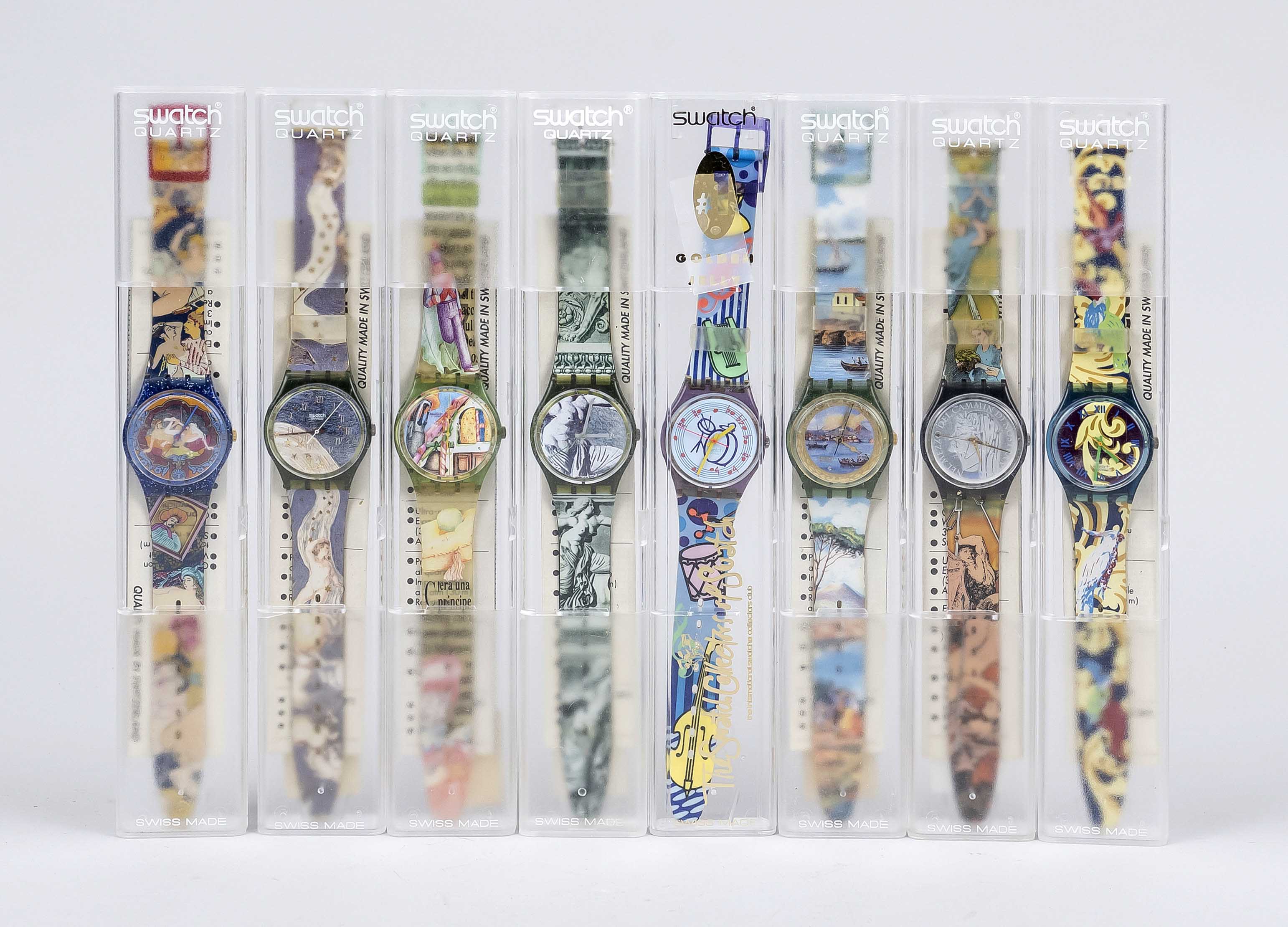 8 Swatch watches, Switzerland 20th century, probably unworn, in original plastic cases, l. 24 cm