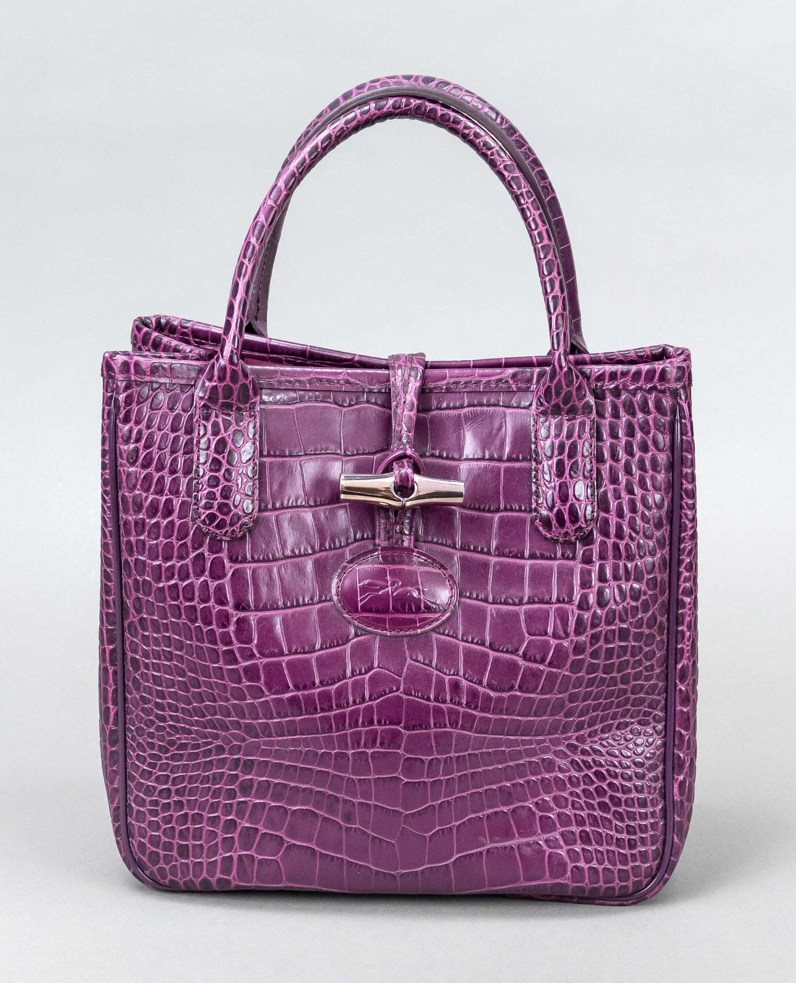 Longchamp, Small Vintage Shoulder Bag, aubergine-colored calfskin with crocodile embossing, gold-