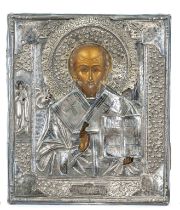 Icon with oklad, hallmarked Russia, mark 1882-99, MZ, silver 84 zolotniki (875/000). St. Nicholas