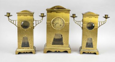 3-piece clock set, gilded brass, architectural design with roofing, with faceted glass, engraved