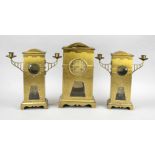 3-piece clock set, gilded brass, architectural design with roofing, with faceted glass, engraved