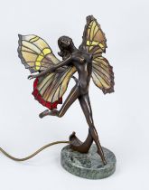 Elven lamp, 20th century, bronze on an oval stone plinth, winged shades as lead glazing, 2-light, h.