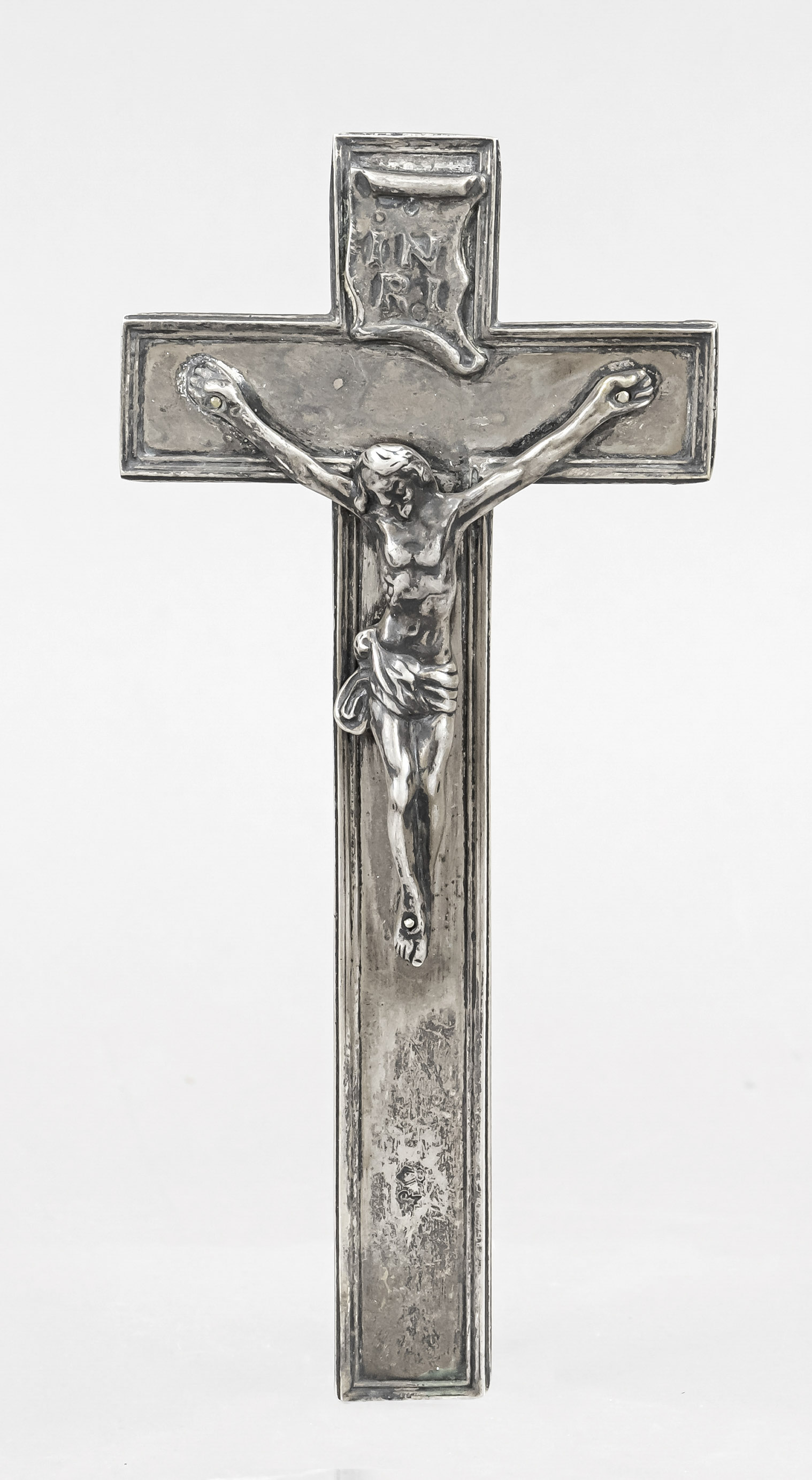 A crucifix, 18th century (?), hammered hallmarks, unmarked silver, Corpus Christi in three-nail