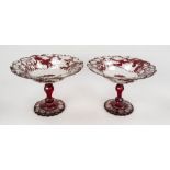 Pair of large centerpieces, Bohemia, 19th century, flower-shaped stand, baluster stem, curved