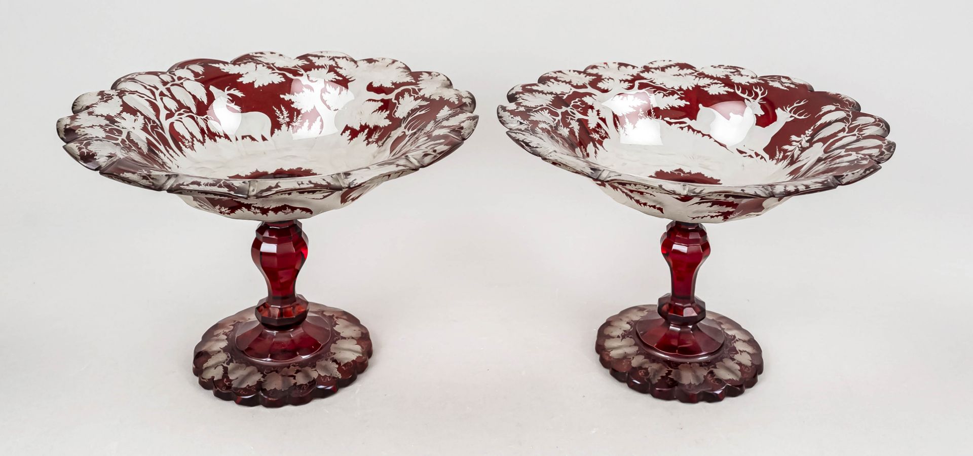 Pair of large centerpieces, Bohemia, 19th century, flower-shaped stand, baluster stem, curved