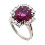 Ruby-brilliant ring WG 585/000 unmarked, tested, with a faceted synth. ruby 12 x 9 mm and