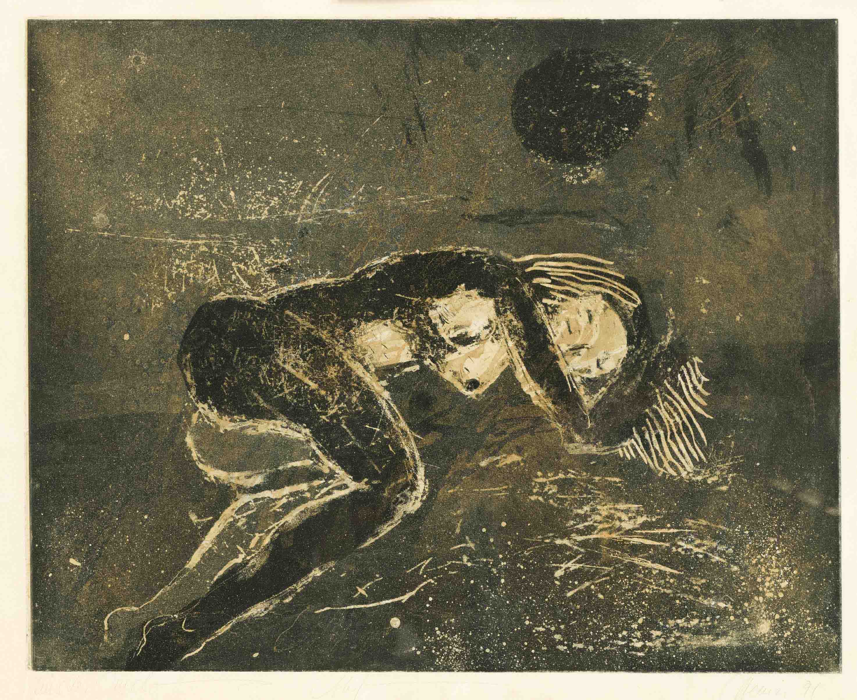 Unidentified graphic artist, c. 1990, ''Alef'', reclining female nude, aquatint etching,