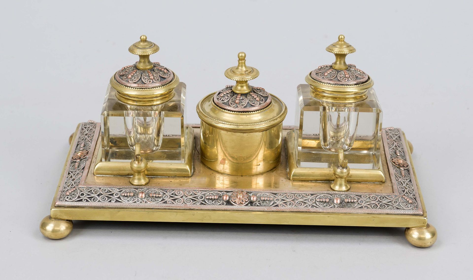 Writing utensils, late 19th century, gilt bronze, copper, glass. Cover box with filigree ornaments