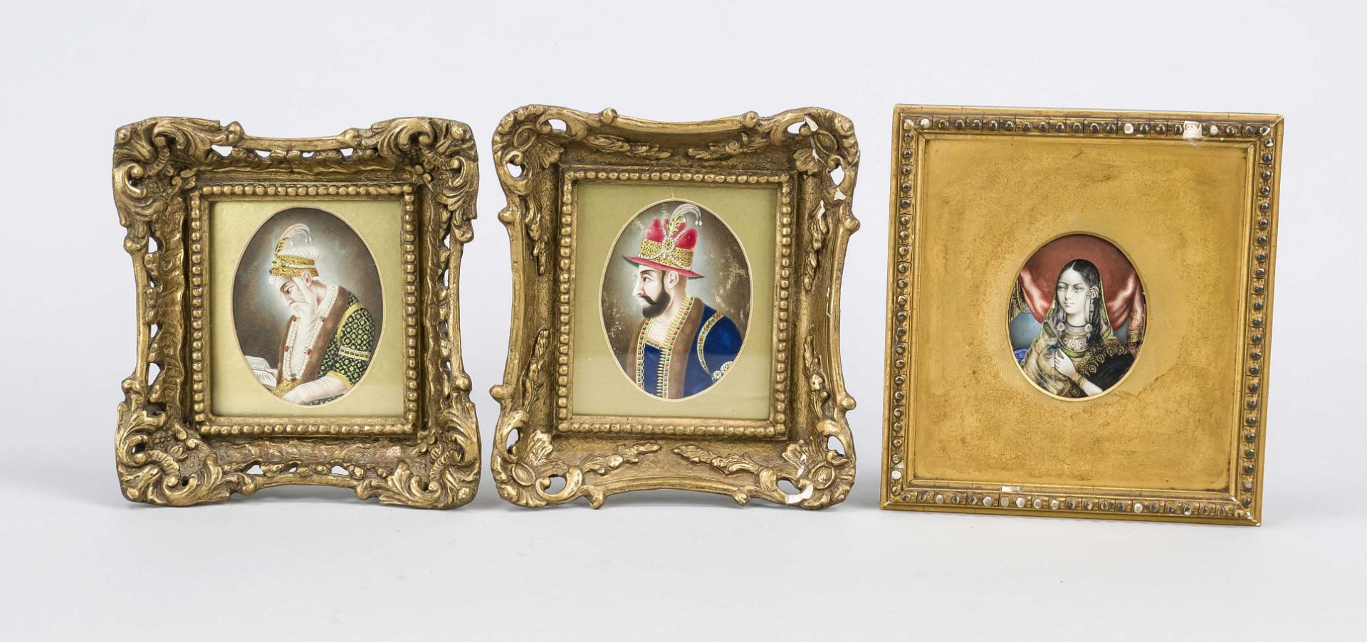 3 Persian miniatures, 19th/20th century, various portraits, framed, h. up to 15 cm