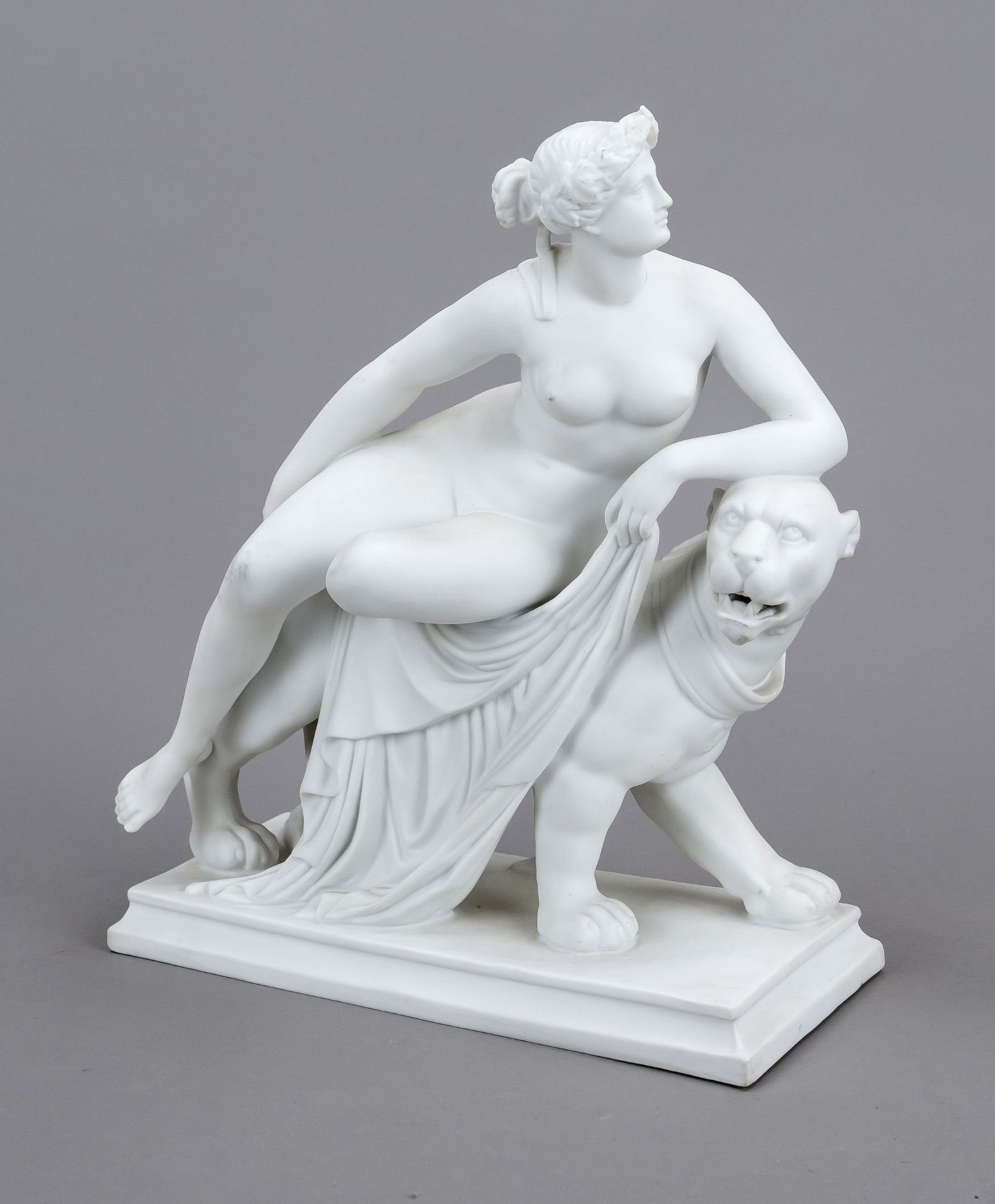 Ariadne on the Panther, Thuringia, 20th century, panther standing on a rectangular plinth,