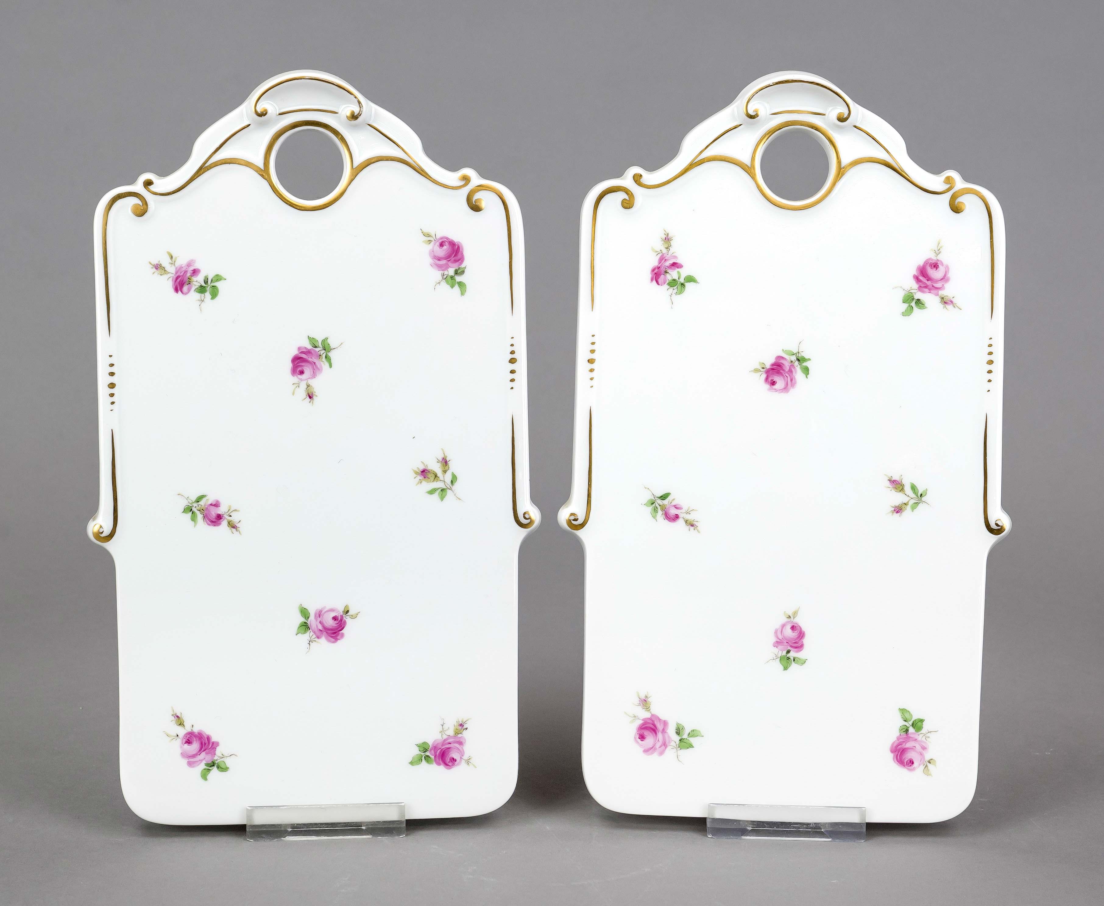 Pair of breakfast boards, Meissen, late 20th century, 1st choice, polychrome floral painting with