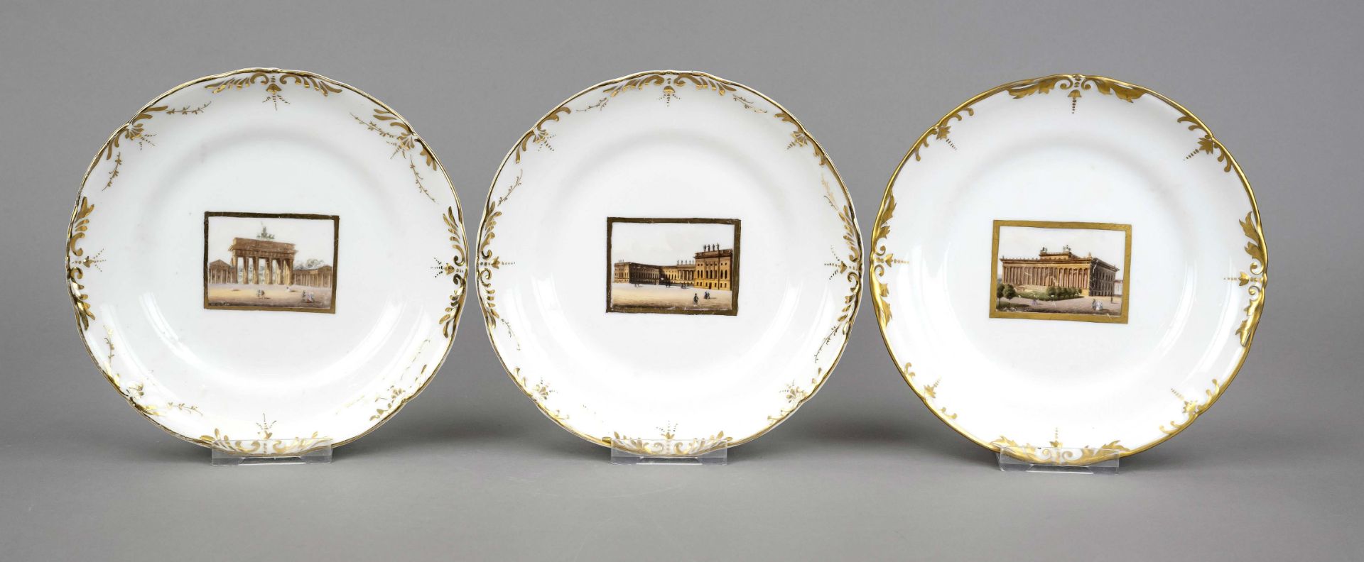 Three view plates, Schumann Berlin Moabit, c. 1850, gold-framed cartouche in the mirror, finely
