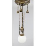 Ceiling lamp, late 19th century, brass. Profiled ceiling rosette, frosted glass globe shade on a