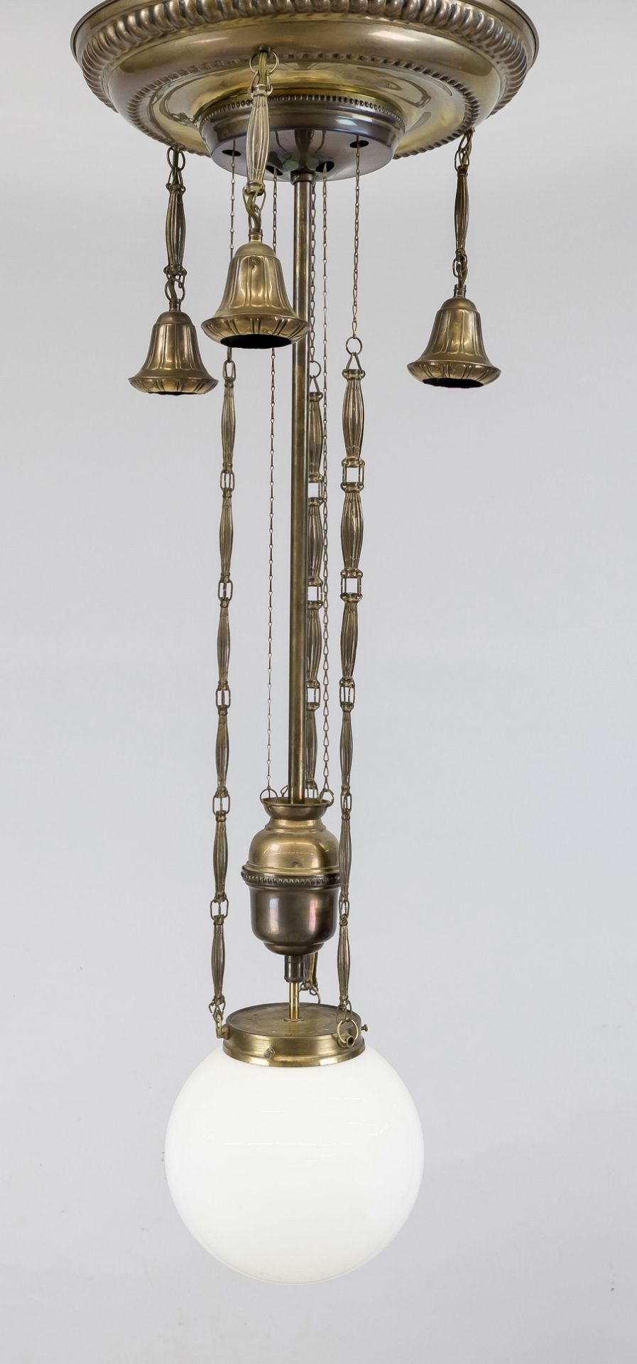 Ceiling lamp, late 19th century, brass. Profiled ceiling rosette, frosted glass globe shade on a