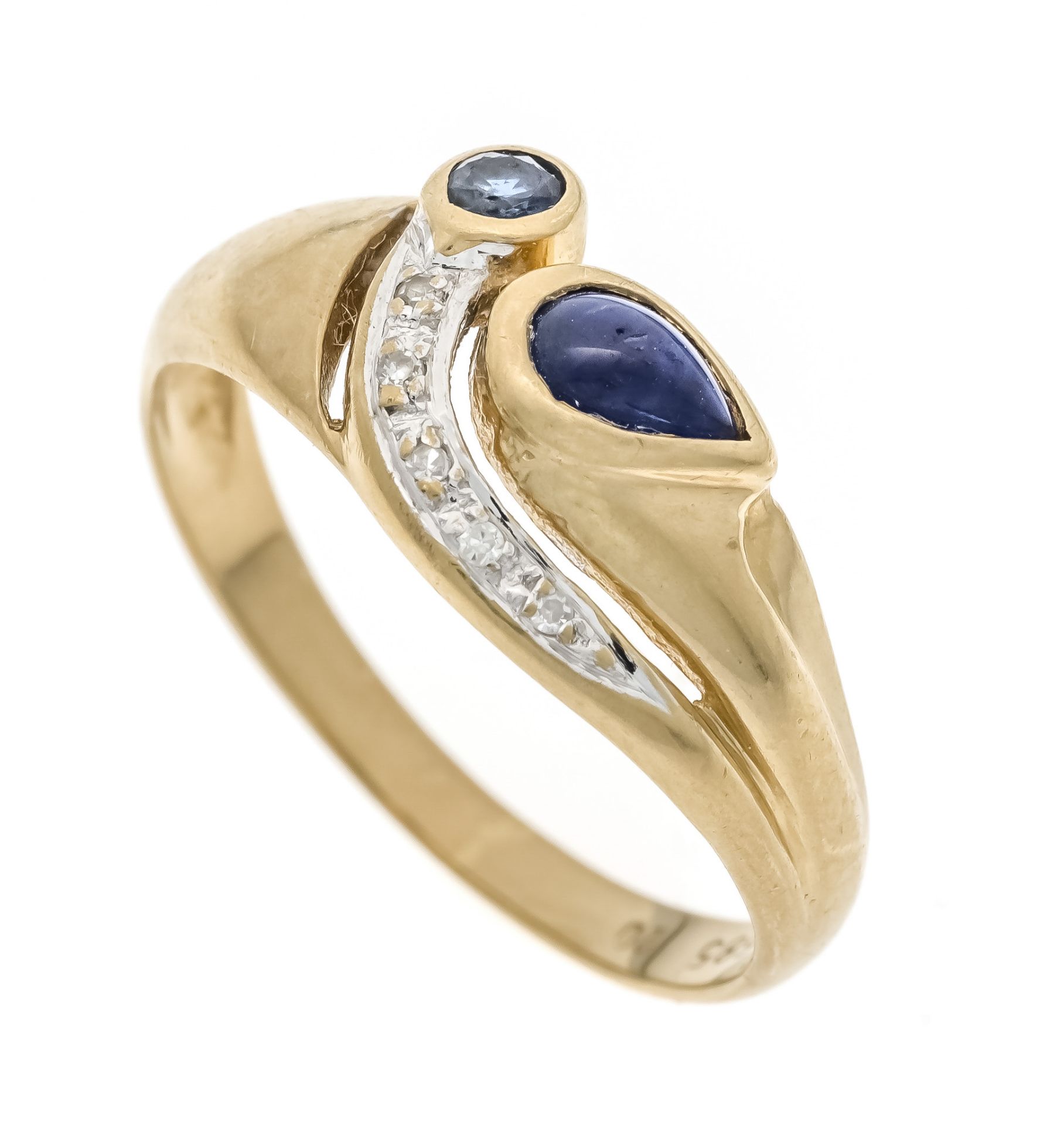 Sapphire-brilliant ring GG/WG 585/000 with a drop-shaped sapphire cabochon 5.2 x 3.2 mm and a