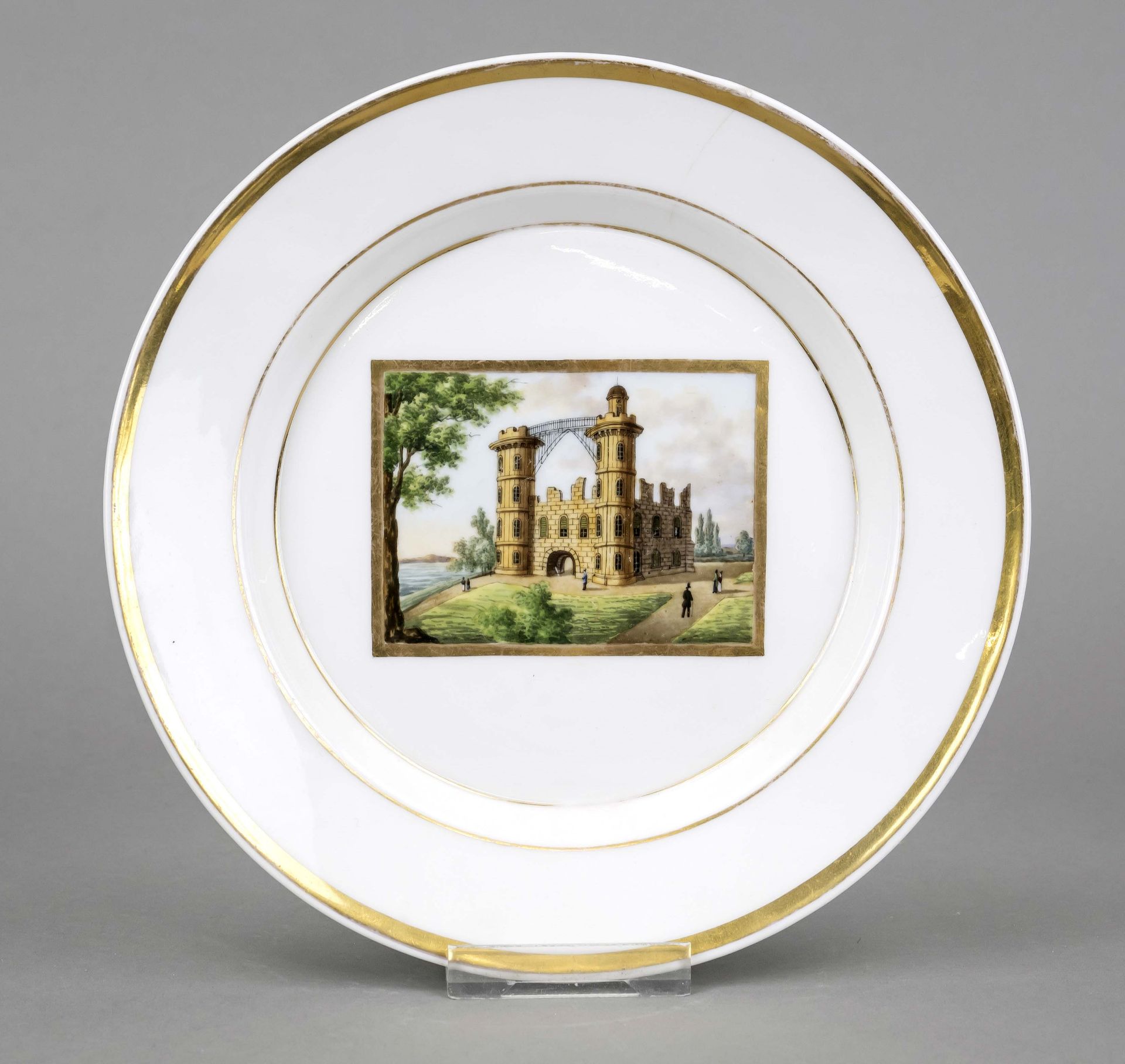 View plate, KPM Berlin, c. 1830, form Antik Glatt, in the mirror view of the Peacock Island in