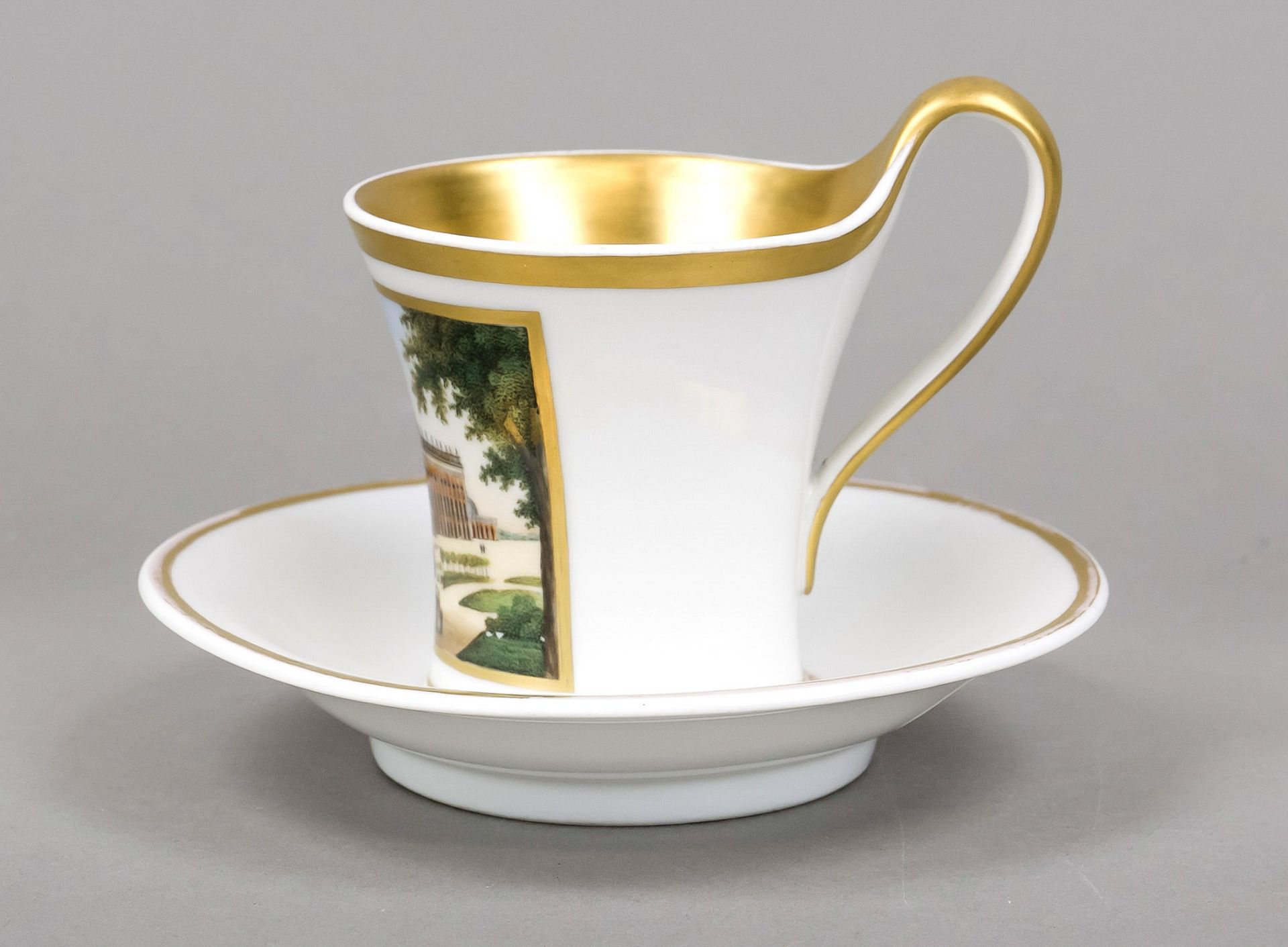 A view cup and saucer, KPM Berlin, mark 1830-40, 1st choice, Calathos form with raised campanile - Image 2 of 2