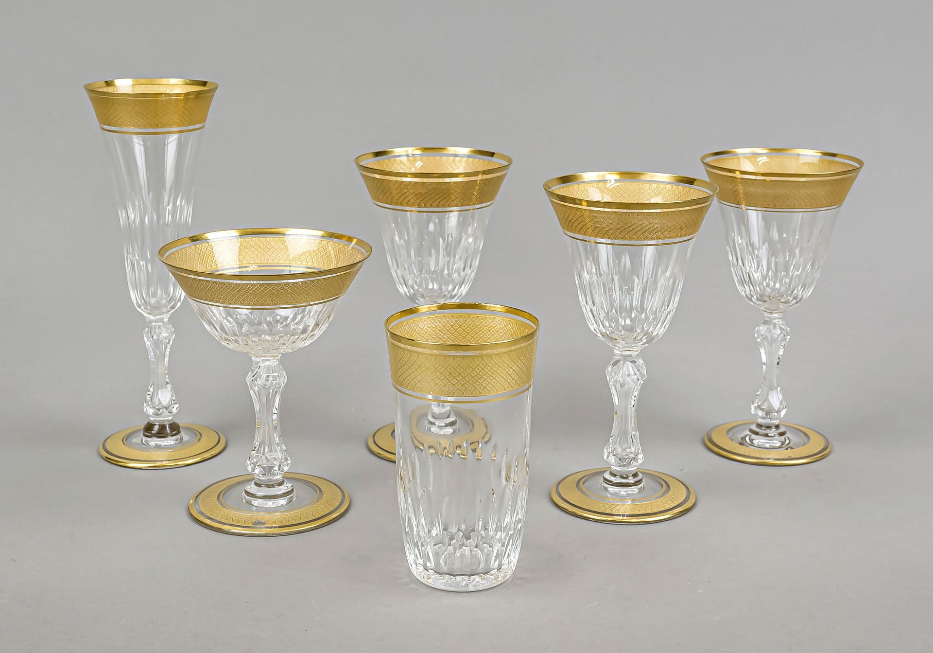 Six glasses, France, 2nd half 20th century, St. Louis, round disk stand, baluster stem, conical