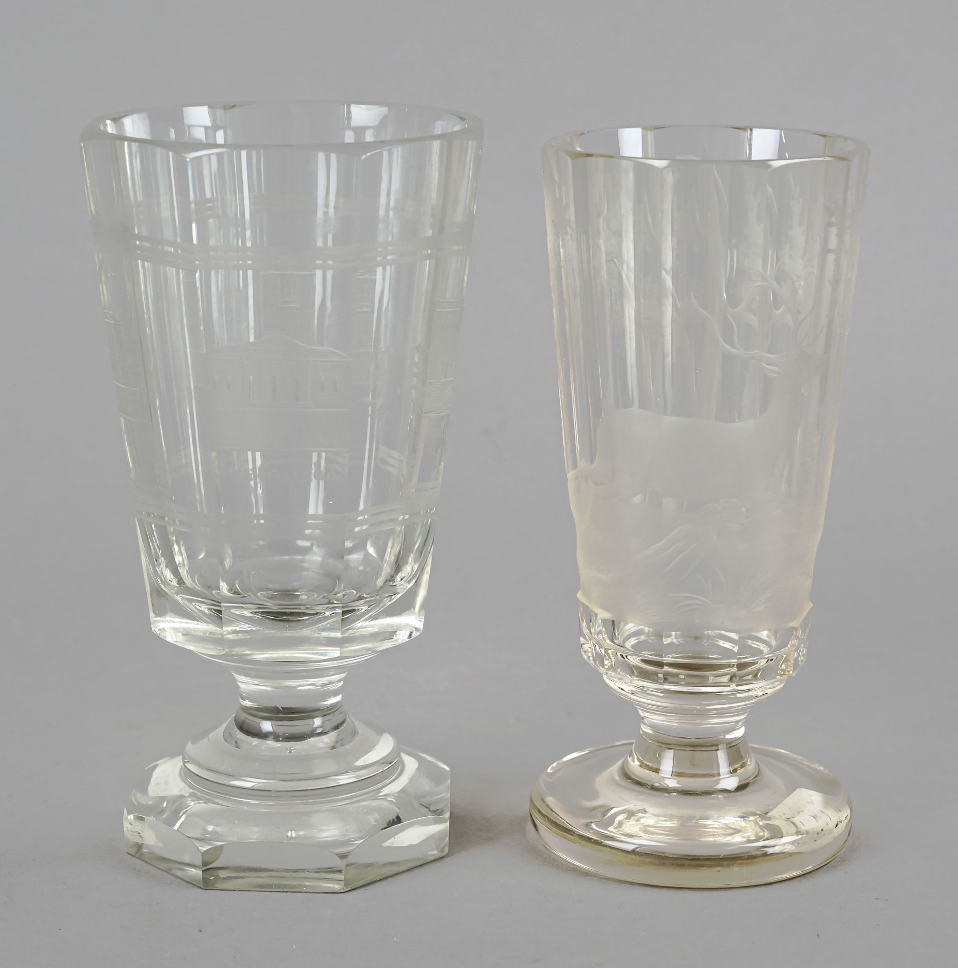 Two footed glasses, early 20th century, 1x round disk stand, 1x octagonal stand, each short stem,