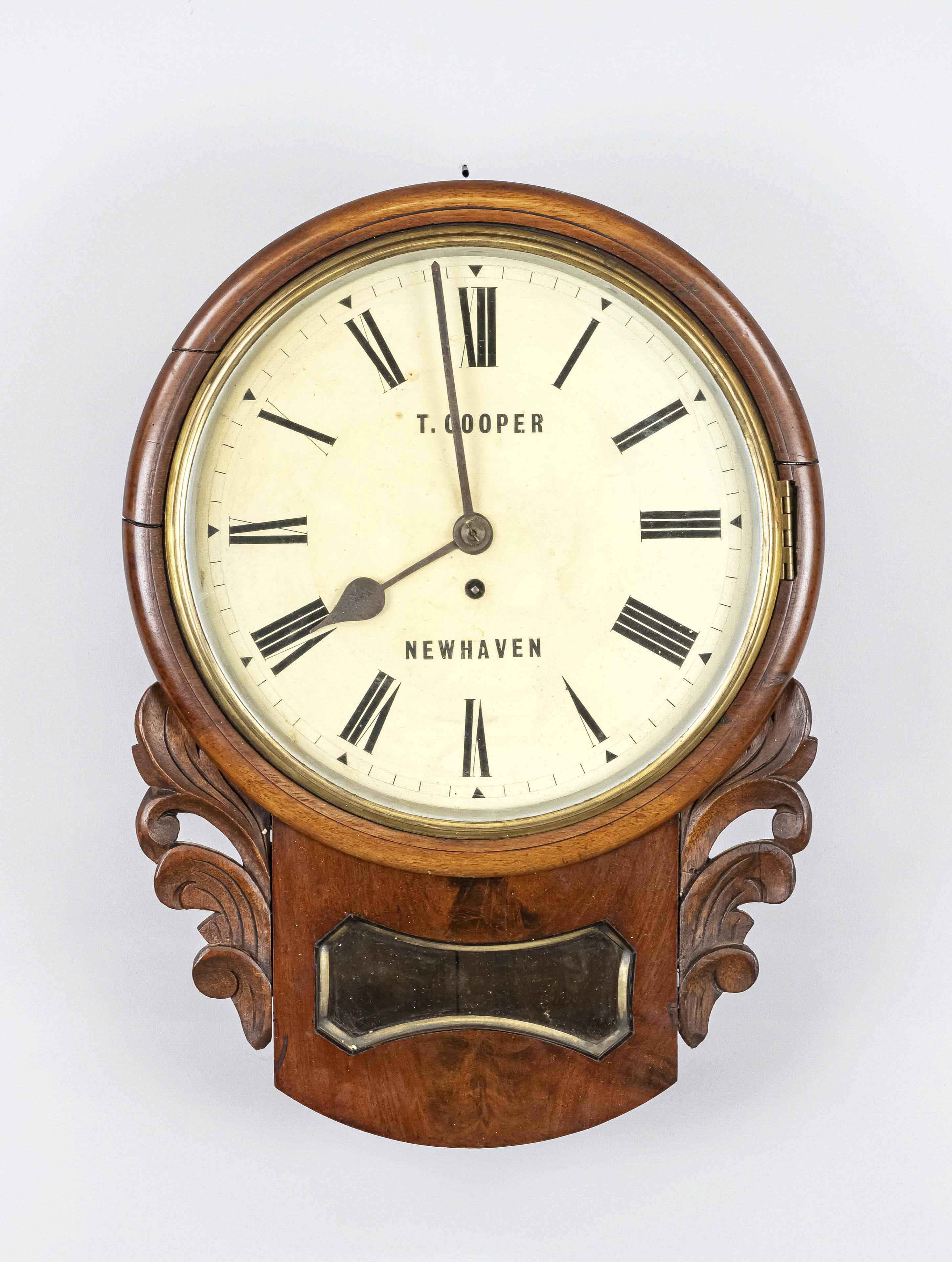 pub clock, marked'' T.Cooper NEWHAVEN'', 2nd half 19th century, mahogany, cracked, metal dial with